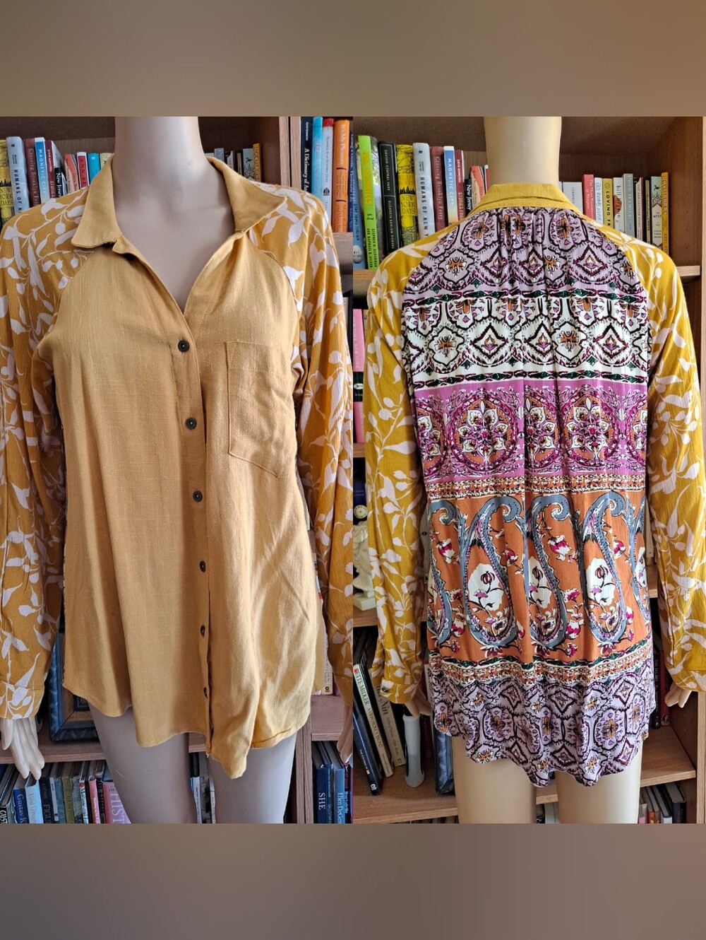UMGEE Yellow Button-Front Multicolored Pattern Back Floral Sleeve Blouse